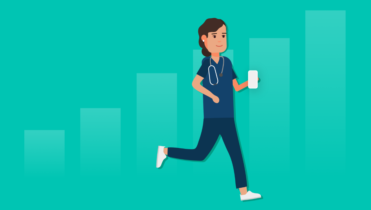 Image of medical student walking with phone in hand towards success for ABEM exam