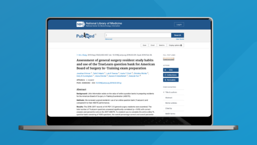 Screenshot of a PubMed article page displayed on a laptop, titled 'Assessment of general surgery resident study habits and use of the TrueLearn question bank for American Board of Surgery In-Training exam preparation,' by Jonathan B. Imran and colleagues, showing the abstract's background, methods, and results sections.
