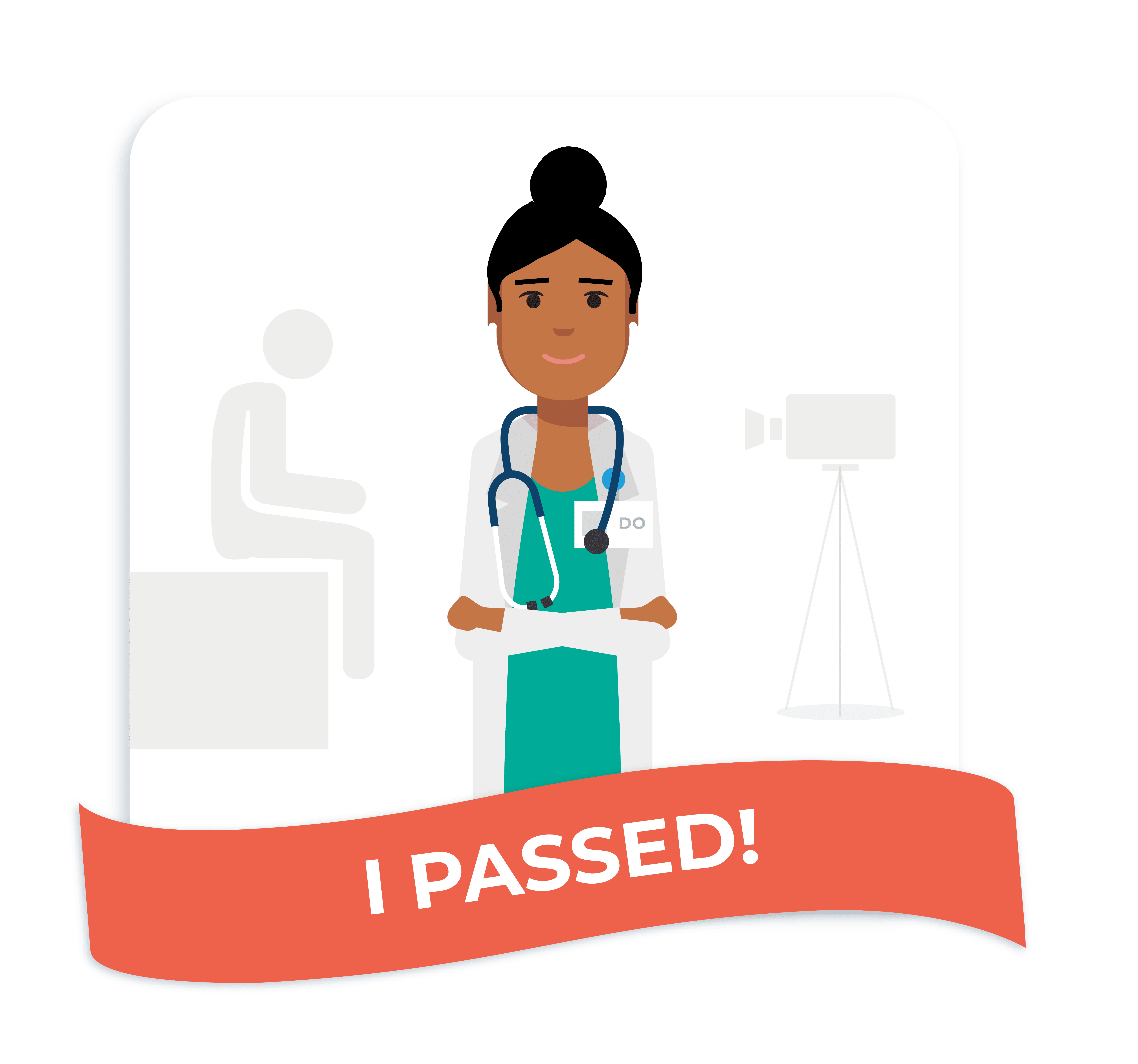 Illustration of a female physician with a patient in the background above a banner that reads "I passed!"