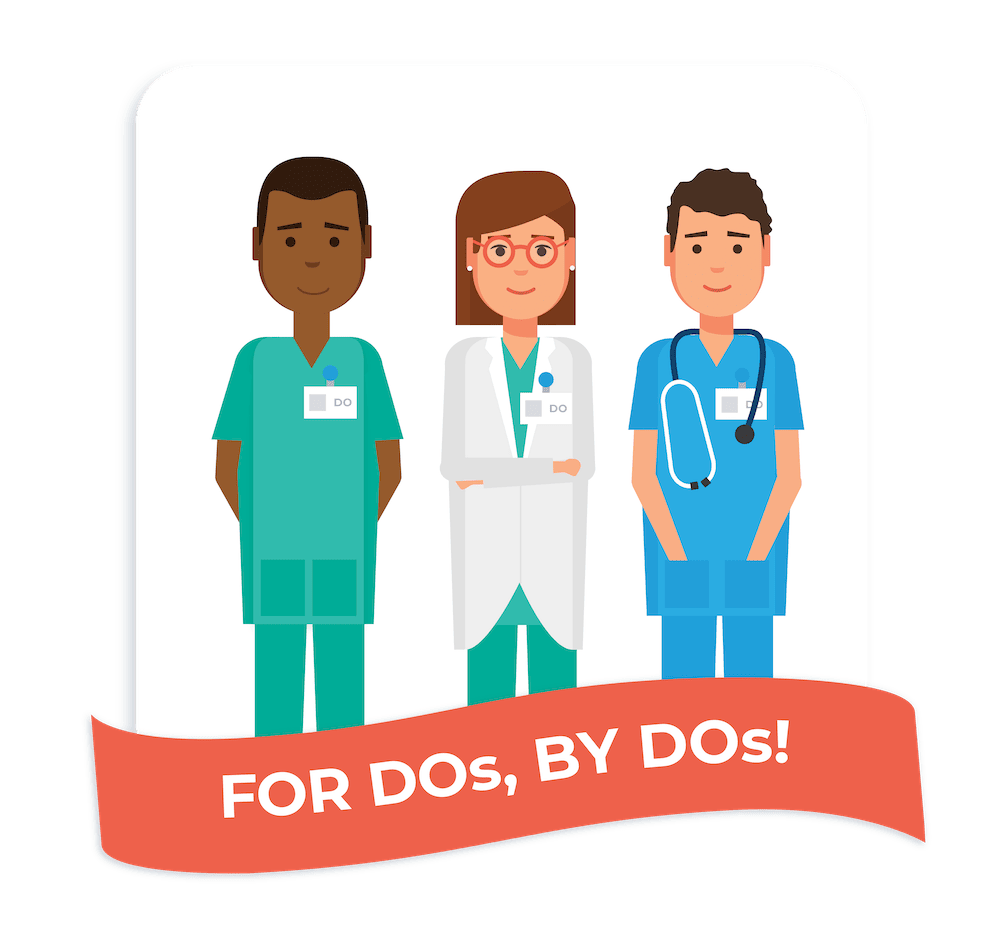 Illustration of 3 medical professionals above a banner that reads "For DOs, by DOs"