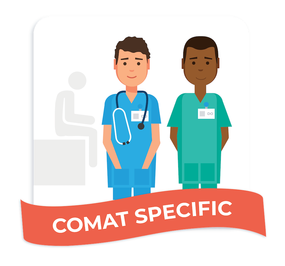 Illustration of two male doctors of osteopathic medicine with a banner that reads 'COMAT Specific'