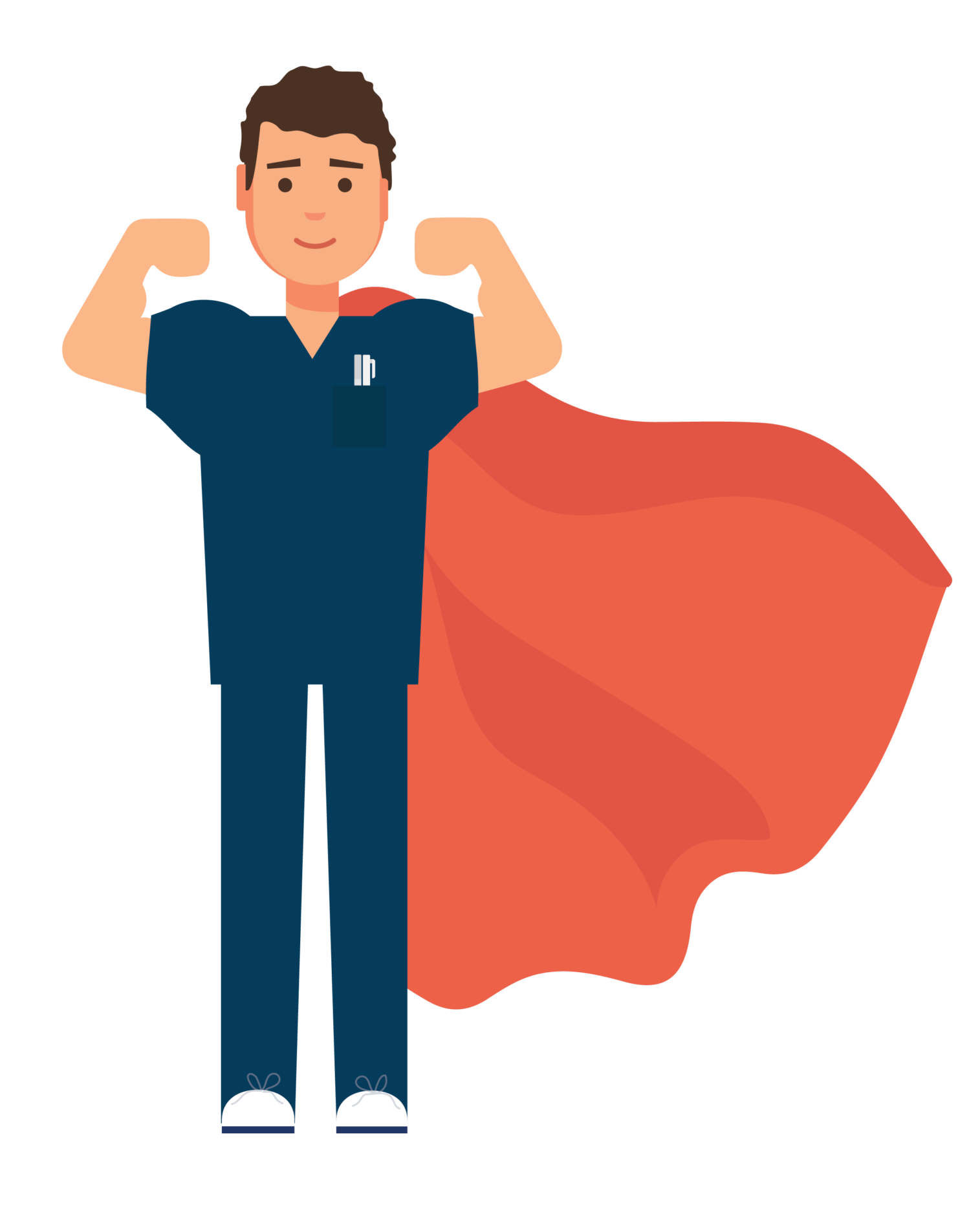 illustrationg of a man in dark blue scrubs with a superhero cap