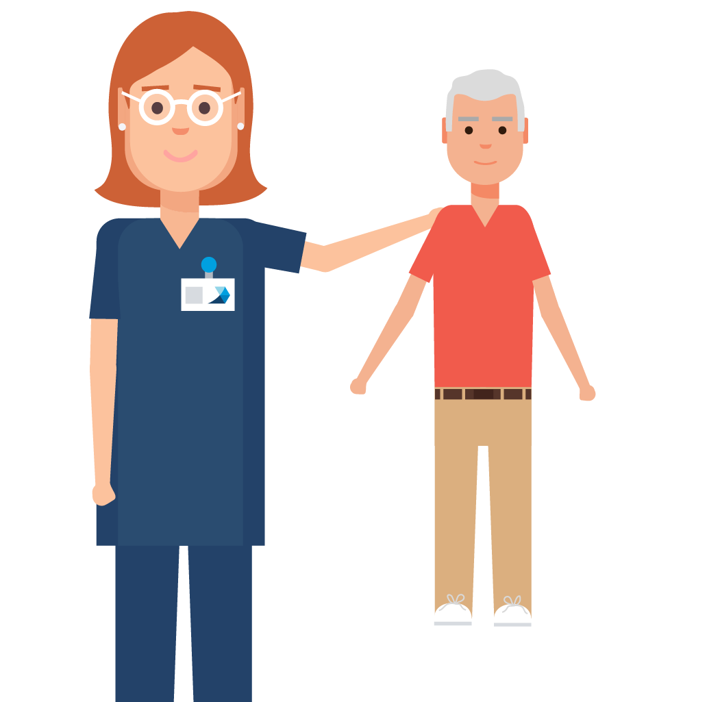 Illustration of a woman in scrubs with an elderly client in an occupational therapy sessions