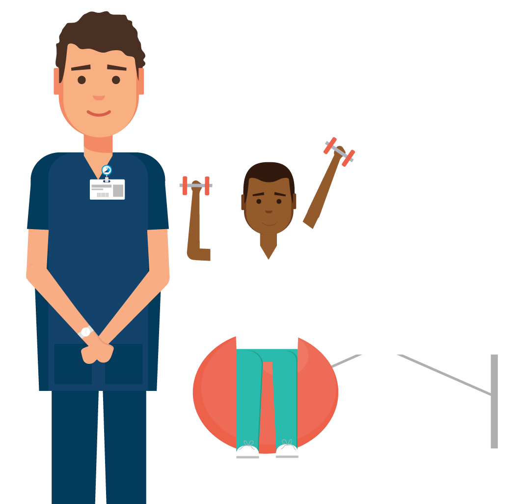 Illustration of a man in dark blue scrubs coaching a client through a physical therapy session