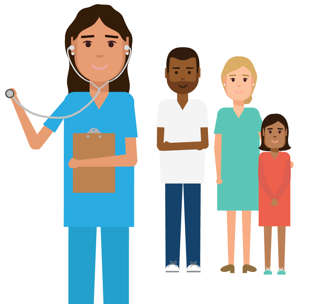 illustration of a family nurse practictioner in scrubs next to a family