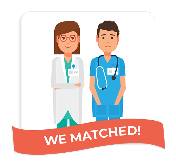 illustration of 2 DOs with a banner reading "We Matched!"