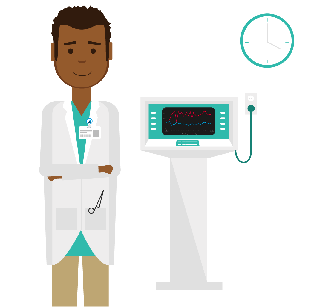Illustration of a man in a white lab coat next to an EKG machine
