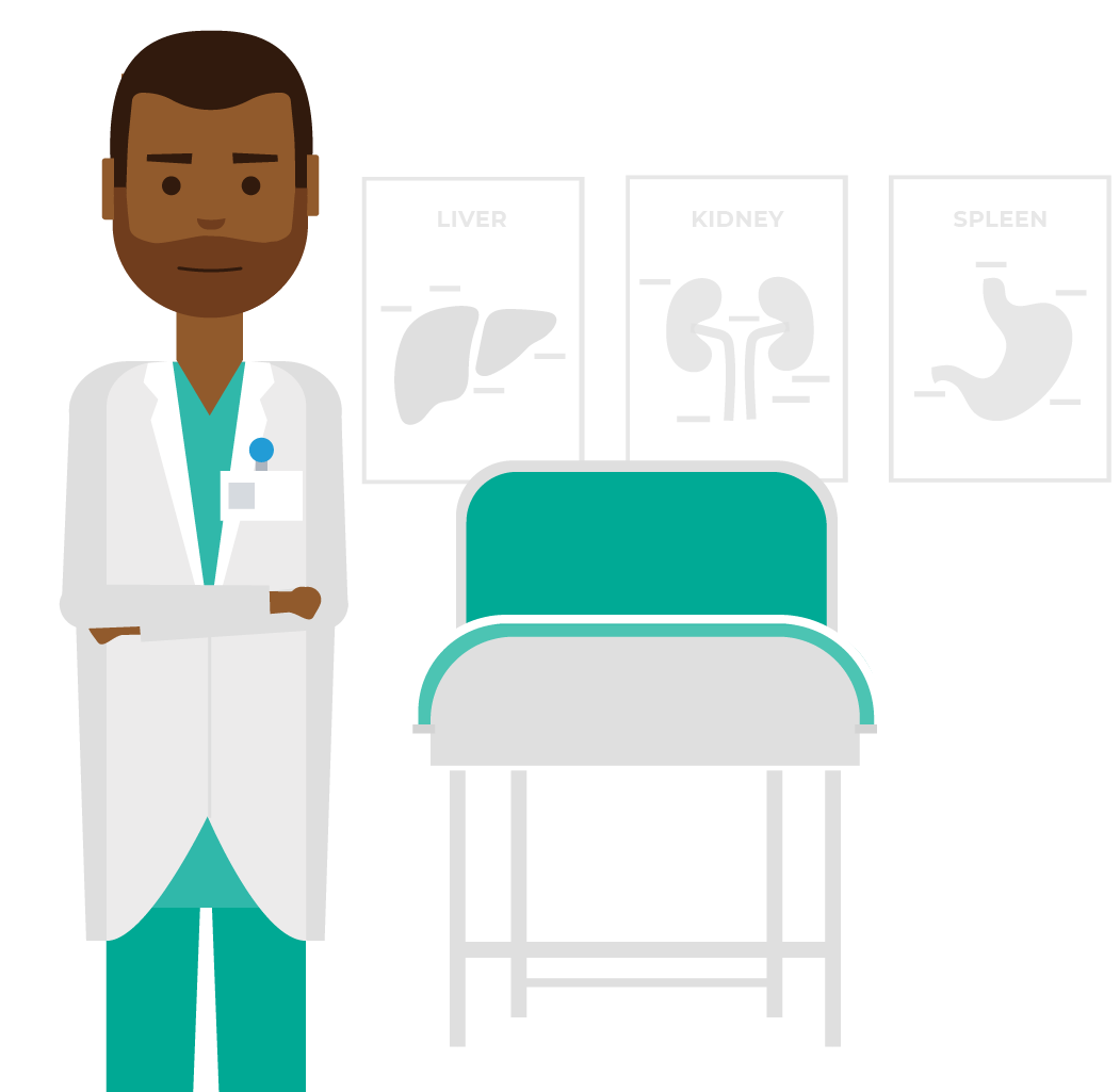 Illustration of a man in a white lab coat next to diagrams of internal organs