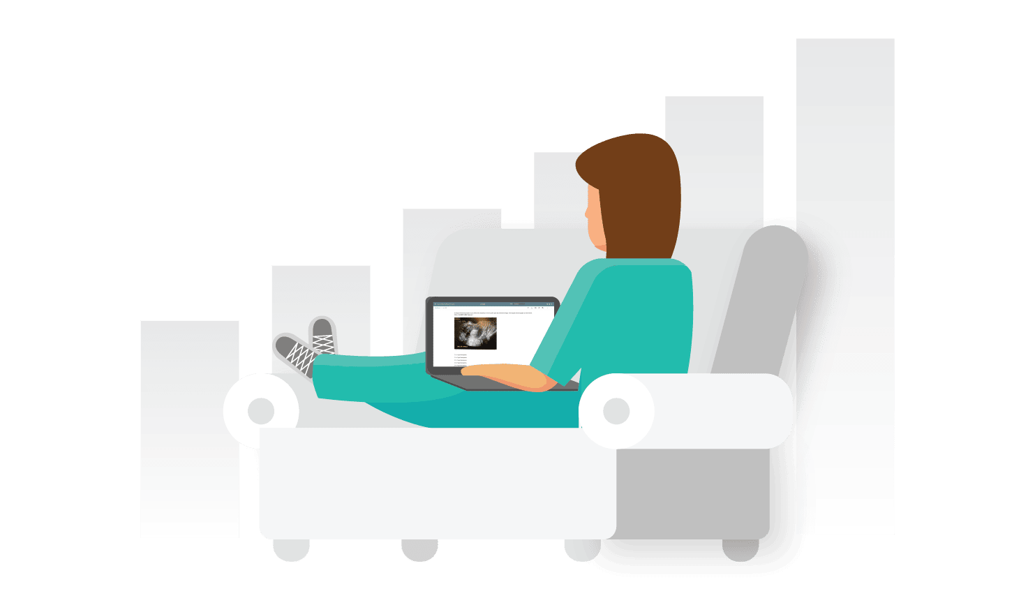 Female sitting on a couch and studying for COMLEX Level 3 on her computer