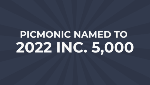 Dark navy graphic with a sunburst background reading 'Picmonic Named to 2022 Inc. 5,000' in bold white text.