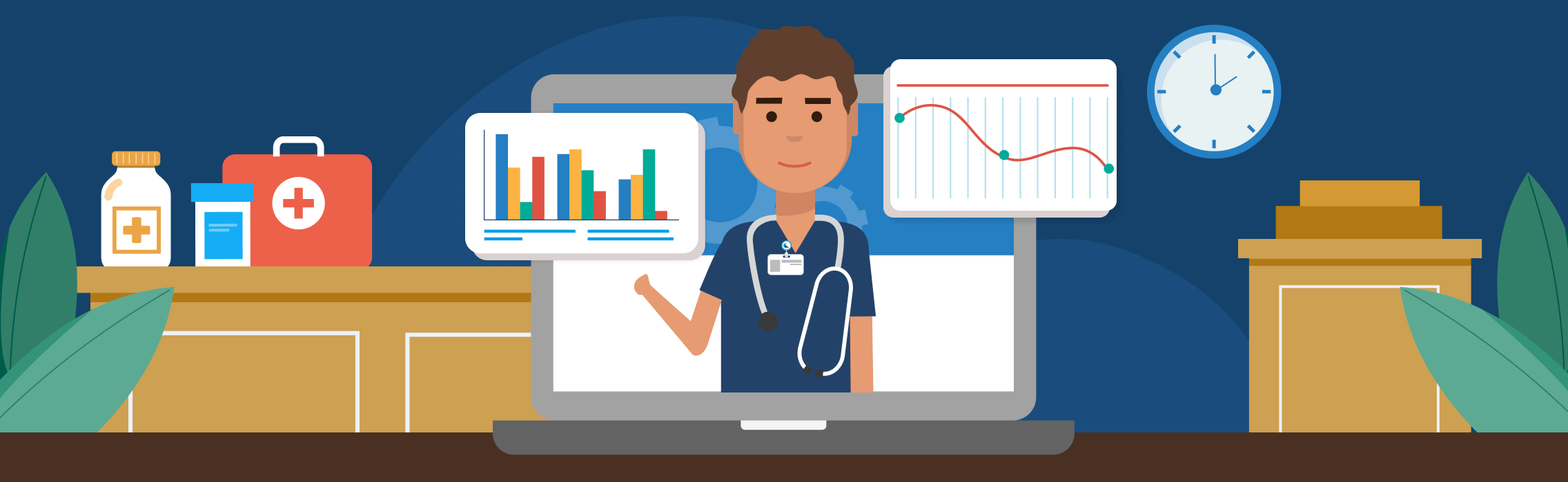 Image of a student with a bar chart and graph
