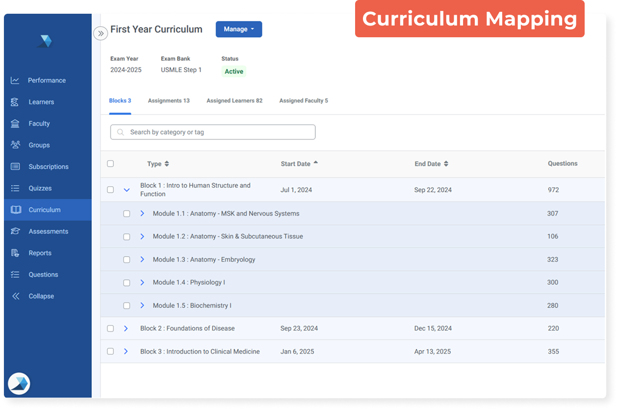 Align: curriculum alignment interface with quiz list