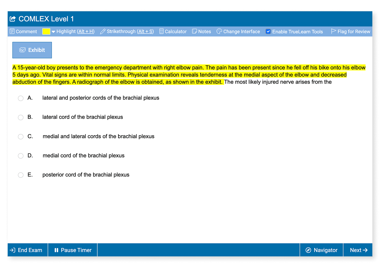 TrueLearn platform showing the COMLEX interface with a Level 1 practice question