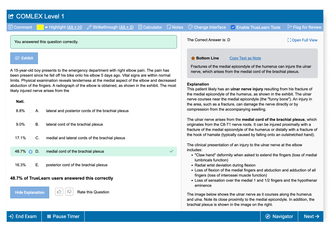 TrueLearn platform showing the COMLEX interface with a Level 1 practice question and answer explanation