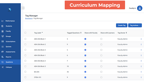 Align: curriculum alignment interface with quiz list