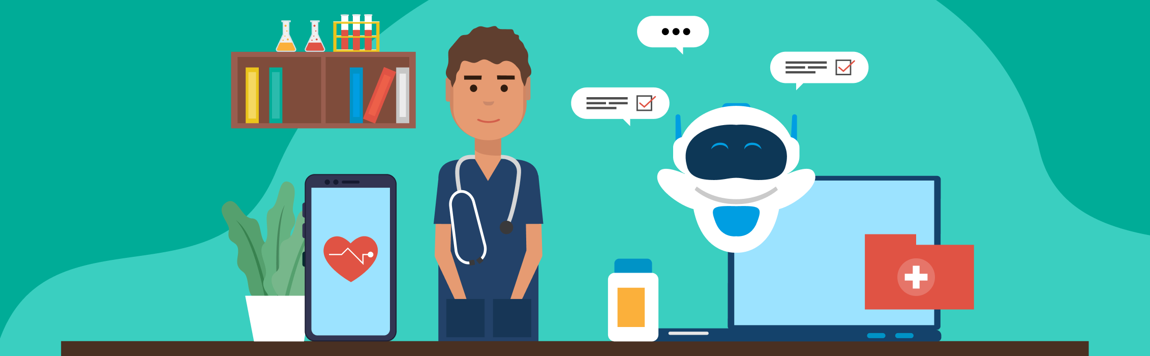 Image of student with AI robot having conversation dialogue