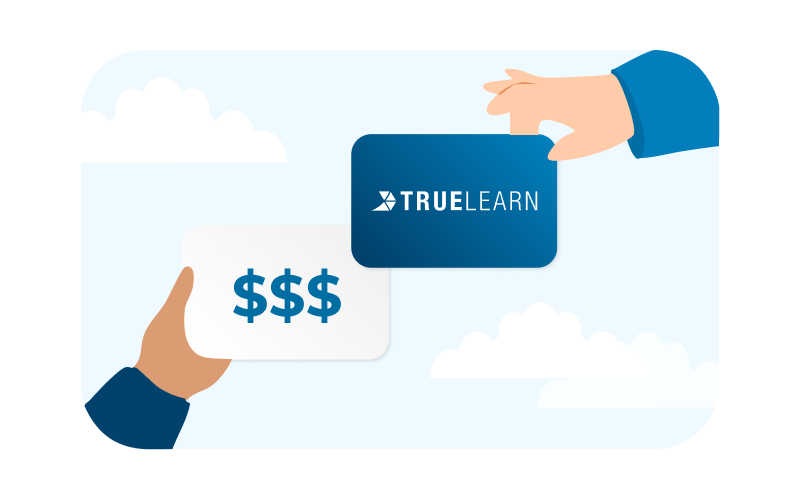 Two hands exchanging gift cards in a cloudy sky. One card shows dollar signs, and the other has 