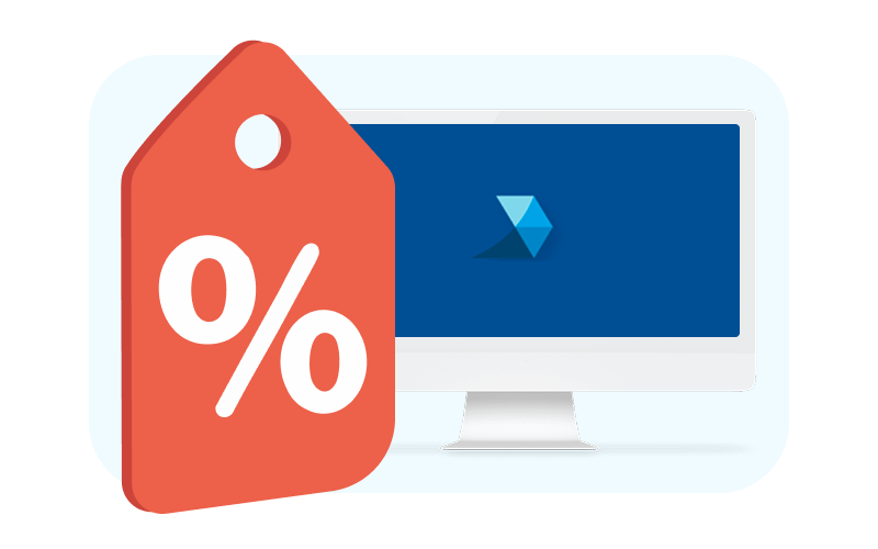 Red discount tag with a percentage symbol overlaps a computer monitor displaying the TrueLearn logo