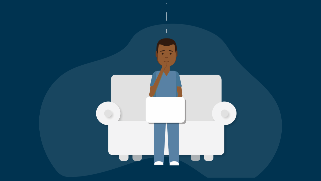 Graphic of person in scrubs sitting on a couch using a laptop while studying.