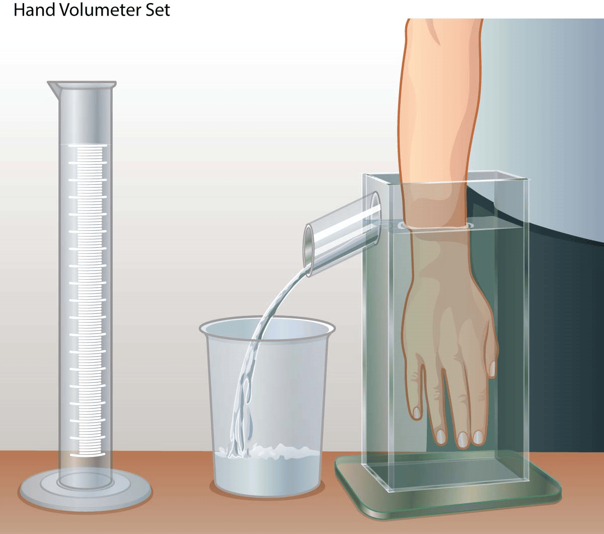 Hand volumeter set measuring hand volume by water displacement into a graduated cylinder.