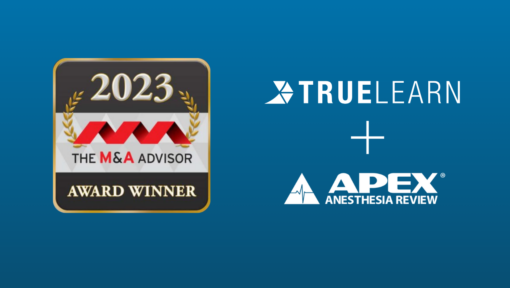 Graphic showing the 2023 M&A Advisor Award Winner badge on the left, and the TrueLearn logo plus the APEX Anesthesia Review logo on the right.