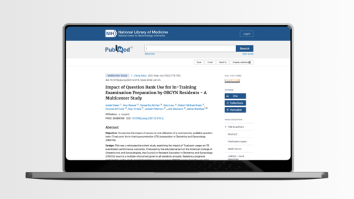 Screenshot of a PubMed article page displayed on a laptop, titled 'Impact of Question Bank Use for In-Training Examination Preparation by OBGYN Residents – A Multicenter Study,' by Isabel Green and colleagues, showing the abstract's objective and design sections.
